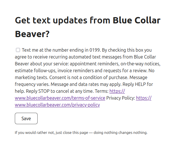 The text updates page for Blue Collar Beaver, with one unchecked checkbox agreeing to text messages about the customer's service, followed by a Save button.